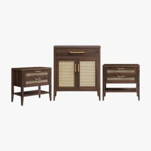 Sicotas Andy espresso sideboard 2d set containing a large storage cabinet and two matching nightstands.