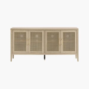 Low-profile Sicotas Andy honey oak 4 door tv stand providing rustic-modern media console storage.