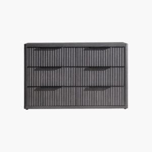 Wide Sicotas Cas dark grey 6 drawer chest highlighting flat panel drawers and modern hardware.