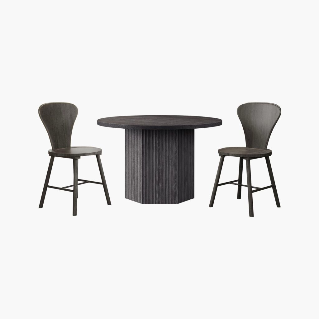 Honest Sicotas Furniture Review: Affordable Luxury or Flat-Pack Headache? 9 Complete modern Sicotas Cas dark grey 6 seater set featuring a dark round dining table and matching dark chairs.