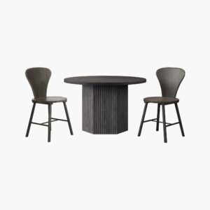 Complete modern Sicotas Cas dark grey 6 seater set featuring a dark round dining table and matching dark chairs.