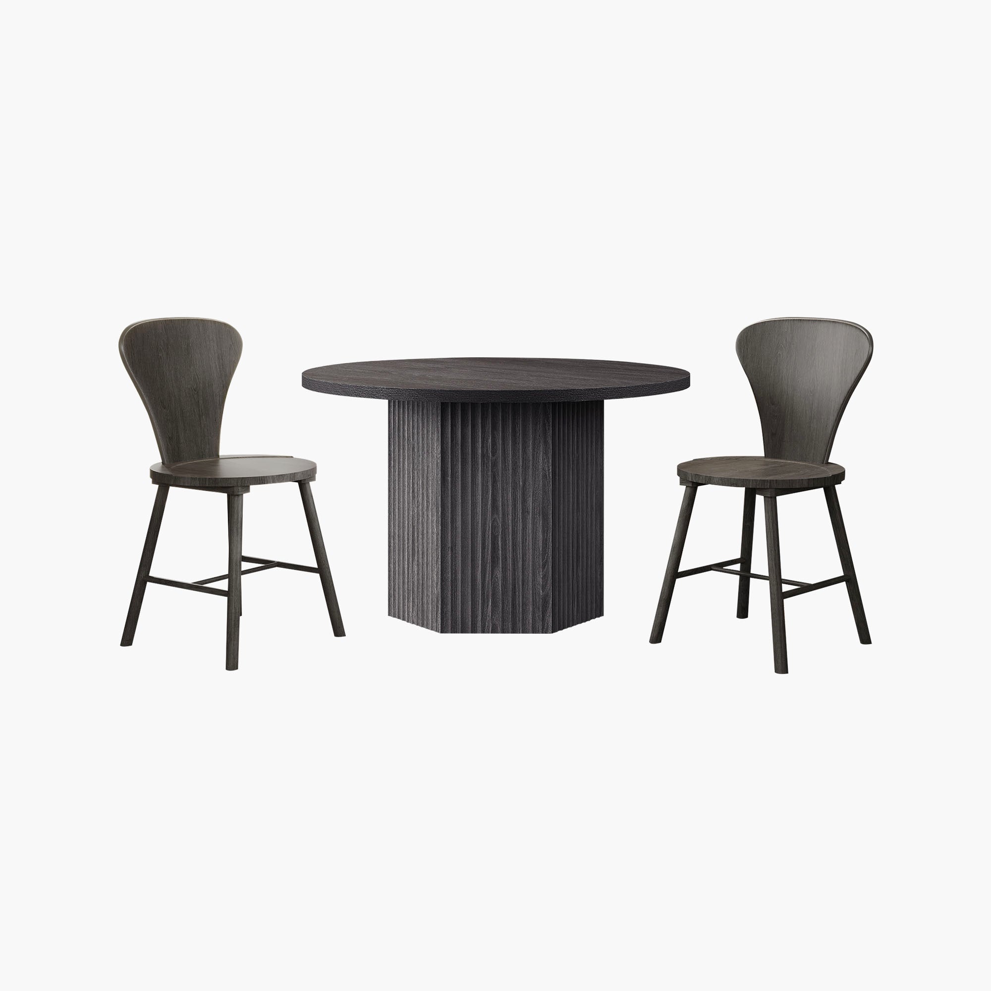 Sicotas Cas Dark Grey Alder 6-Seater Dining Table & Chair Set 1 Complete modern Sicotas Cas dark grey 6 seater set featuring a dark round dining table and matching dark chairs.