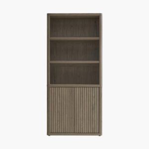 Sicotas Cas grey alder bookcase 2 door featuring modern open shelving and lower cabinet storage.