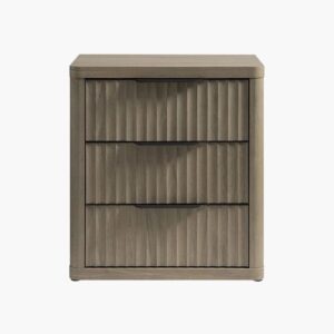 Sicotas Cas grey alder 3 drawer dresser with black handles and a sleek ribbed textured facade.
