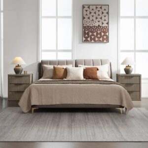 Sicotas Cas grey alder nightstand set arranged as a pair next to a modern bed in a minimalist bedroom.