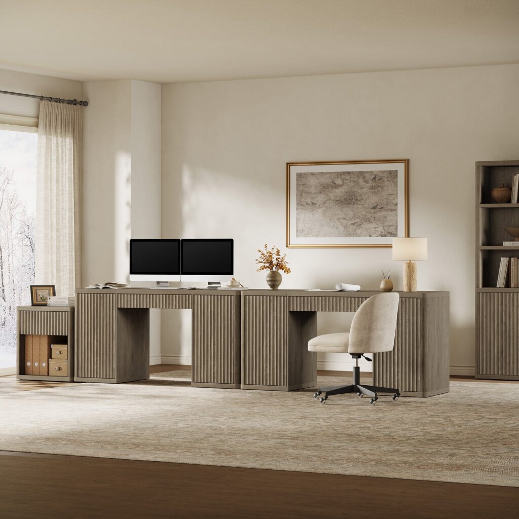 Honest Sicotas Furniture Review: Affordable Luxury or Flat-Pack Headache? 14 Stylized Sicotas Cas grey alder 60 inch desk with integrated drawers shown in a beautifully decorated home office setup.