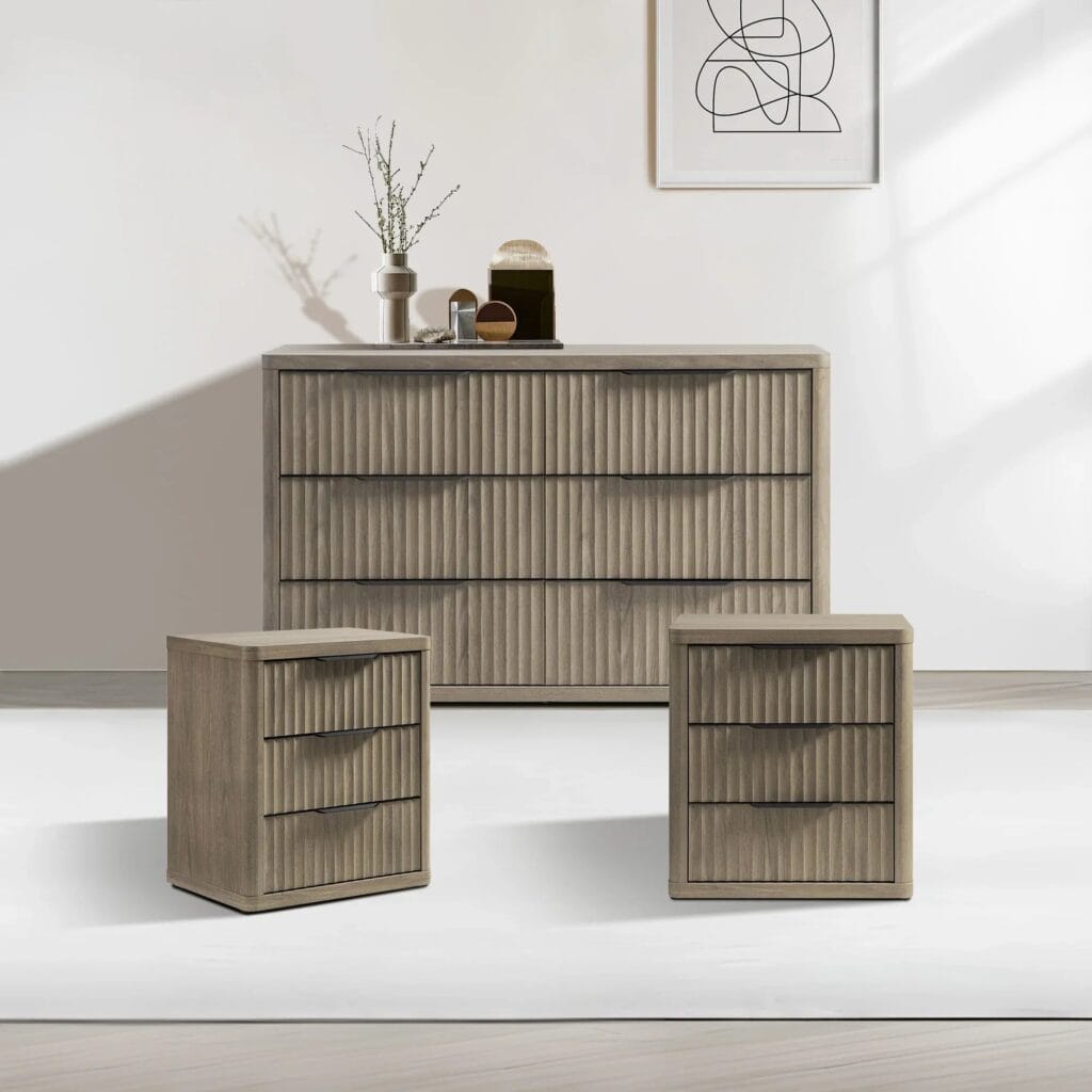Bedroom Furniture 17 Modern Sicotas Cas grey alder dresser set with striking black handles and matching nightstands.