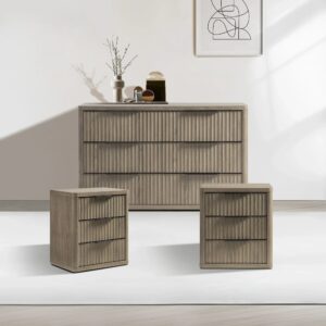 Modern Sicotas Cas grey alder dresser set with striking black handles and matching nightstands.