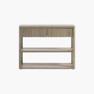 Slim Sicotas Cas grey alder console table with an open lower shelf for hallway or entryway decor.