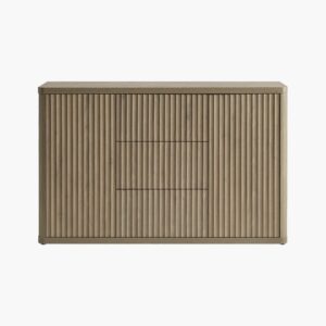 Balanced Sicotas Cas grey alder 2 door sideboard accented by three side drawers for dining room organization.