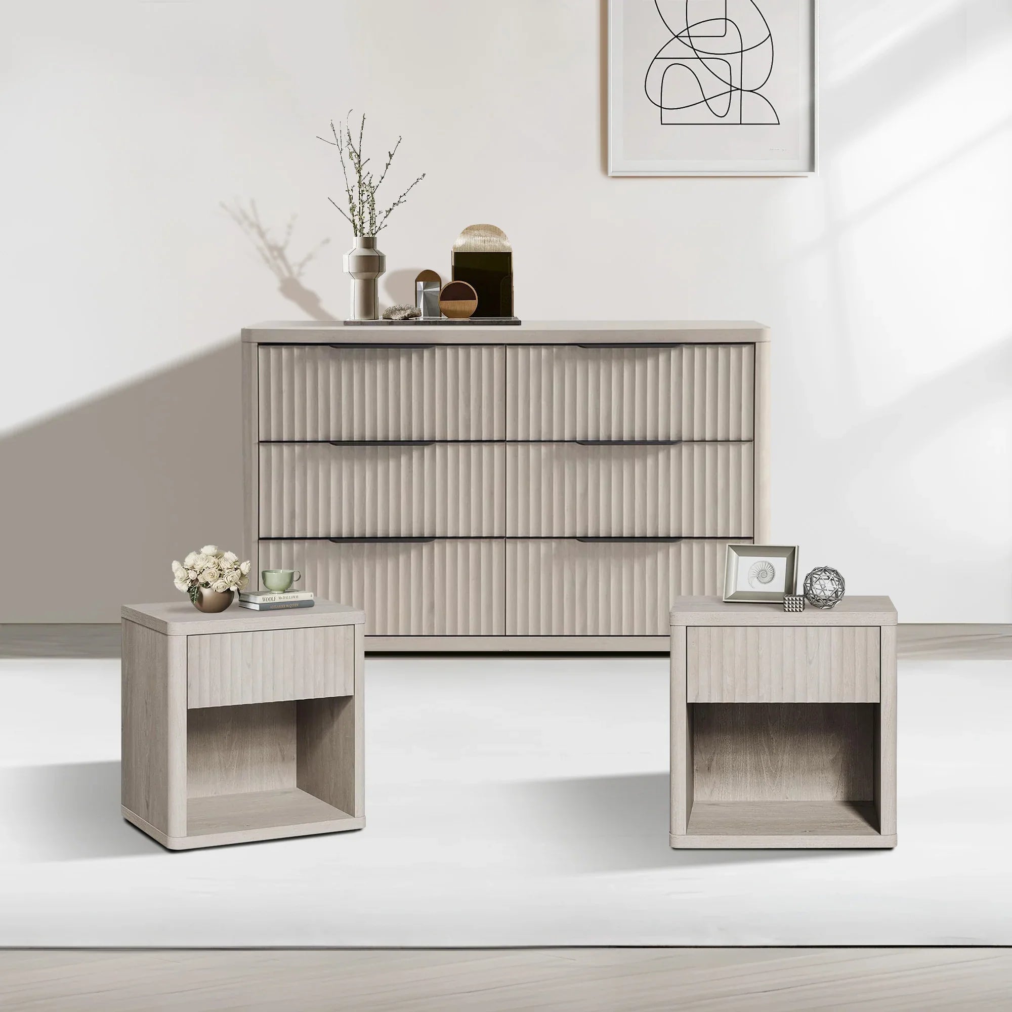 Sicotas Cas White Alder Dresser and Nightstand Set 1 Bright Sicotas Cas white alder dresser set featuring a multi-drawer chest and two matching nightstands.