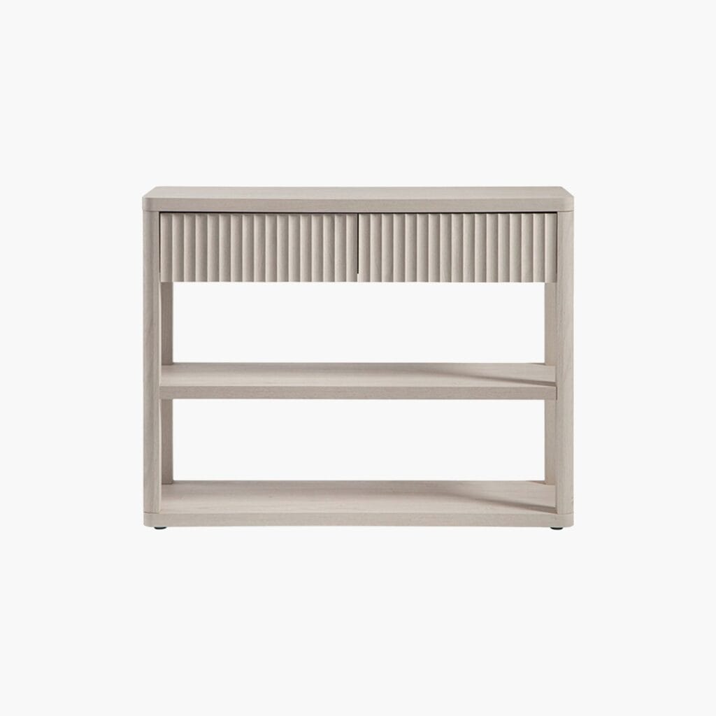 Bright Sicotas Cas white alder console table with a minimalist frame and useful lower storage shelf.