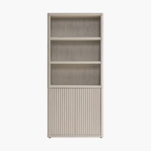 Sleek Sicotas Cas white alder modern 2 door bookcase featuring upper open shelving and lower cabinet storage.