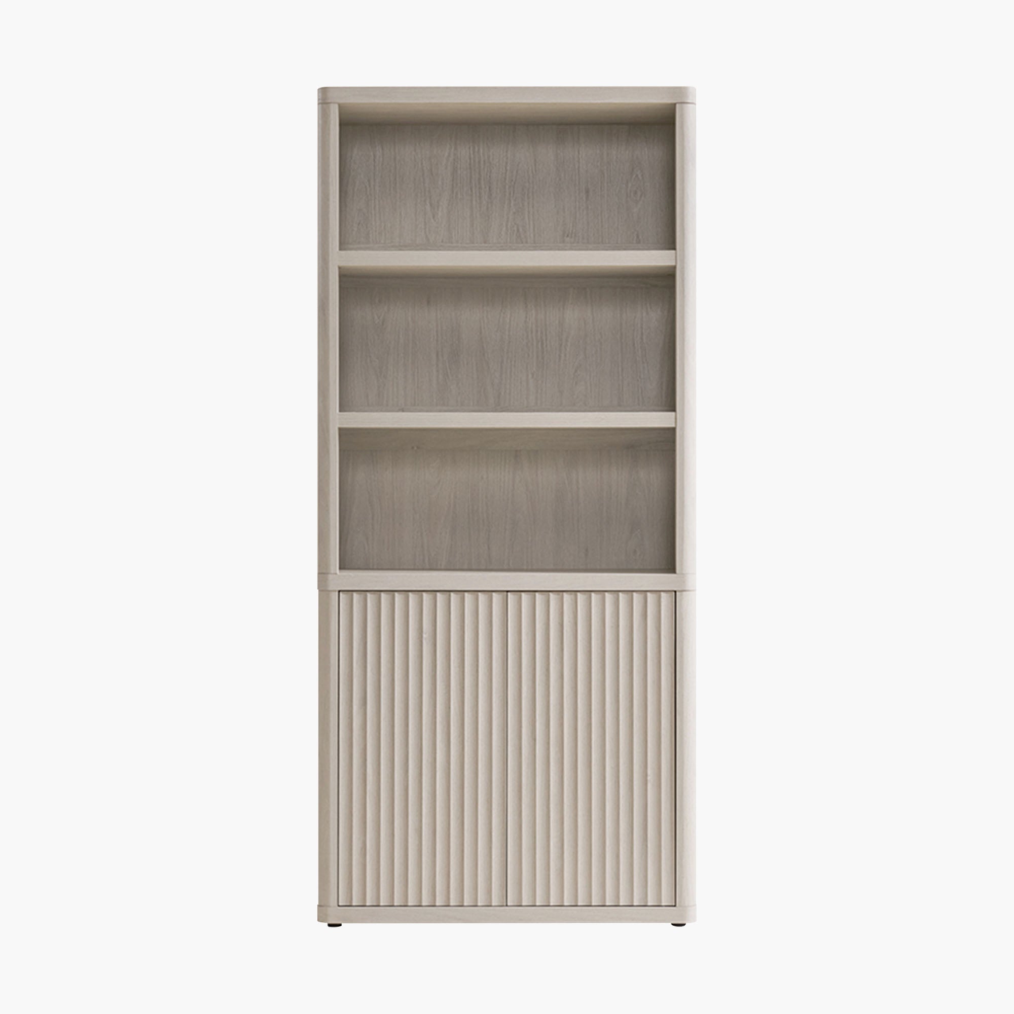 Sicotas Cas White Alder Modern 2-Door Bookcase Cabinet 1 Sleek Sicotas Cas white alder modern 2 door bookcase featuring upper open shelving and lower cabinet storage.