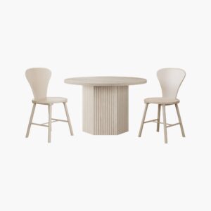 Minimalist Sicotas Cas white alder dining set with a rectangular table and two matching white chairs.