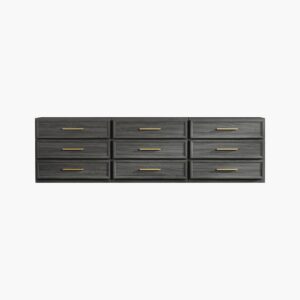 Modular Sicotas Crescent dark grey oak dresser set with nine wide drawers for sleek bedroom organization.
