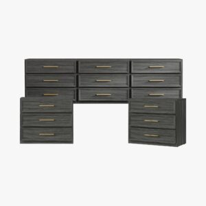 Elegant Sicotas Crescent dark grey oak modular set featuring a pair of chic rattan front nightstands.