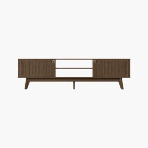 Low-profile Sicotas Domus coffee oak 2 door tv stand media console with central open shelves.