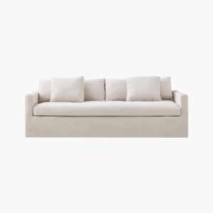 Pair of modern Sicotas Eira off white deep seat sofa accent nightstands styled beautifully in a bedroom setting.