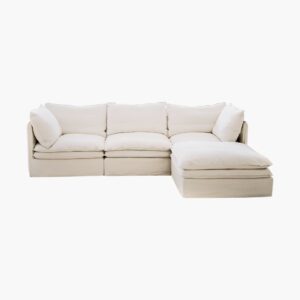 Comfortable Sicotas Eira off-white l shape sofa with ottoman for a cozy modern living room setup.