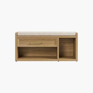 Warm Sicotas Helio brown oak 40 inch shoe bench drawer combo with an open cubby for entryway organization.