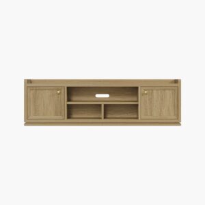 Low profile Sicotas Helio brown oak 75 tv cabinet featuring open center shelving for media players.