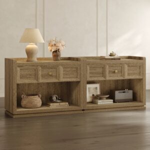 Warm Sicotas Helio brown oak end table set arranged in a beautifully lit modern interior.