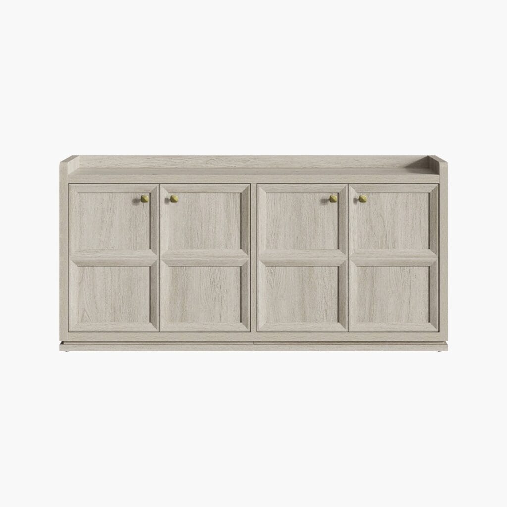 Wide Sicotas Helio grey white 4 door sideboard with integrated vertical grooved cabinet doors.