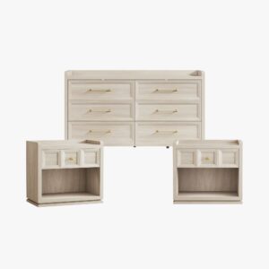 Complete Sicotas Helio grey white dresser set with matching 6-drawer chest and bedroom nightstands.