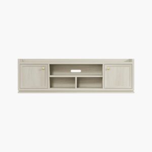 Wide Sicotas Helio grey white 75 tv stand with clean lines and central open electronic shelving.