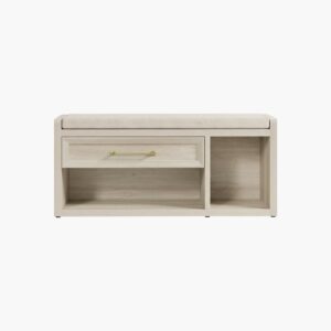 Compact Sicotas Helio grey white oak cushioned entryway shoe bench featuring a comfortable padded top and lower storage.