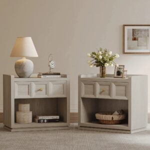Elegant Sicotas Helio grey white end table set displayed as a pair in a contemporary styled living room.
