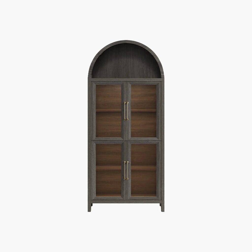 Sicotas Helio black glass display cabinet featuring dual woven texturized doors.