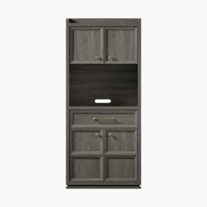 Tall Sicotas Helio midnight black pantry cabinet with upper glass display doors and lower storage.