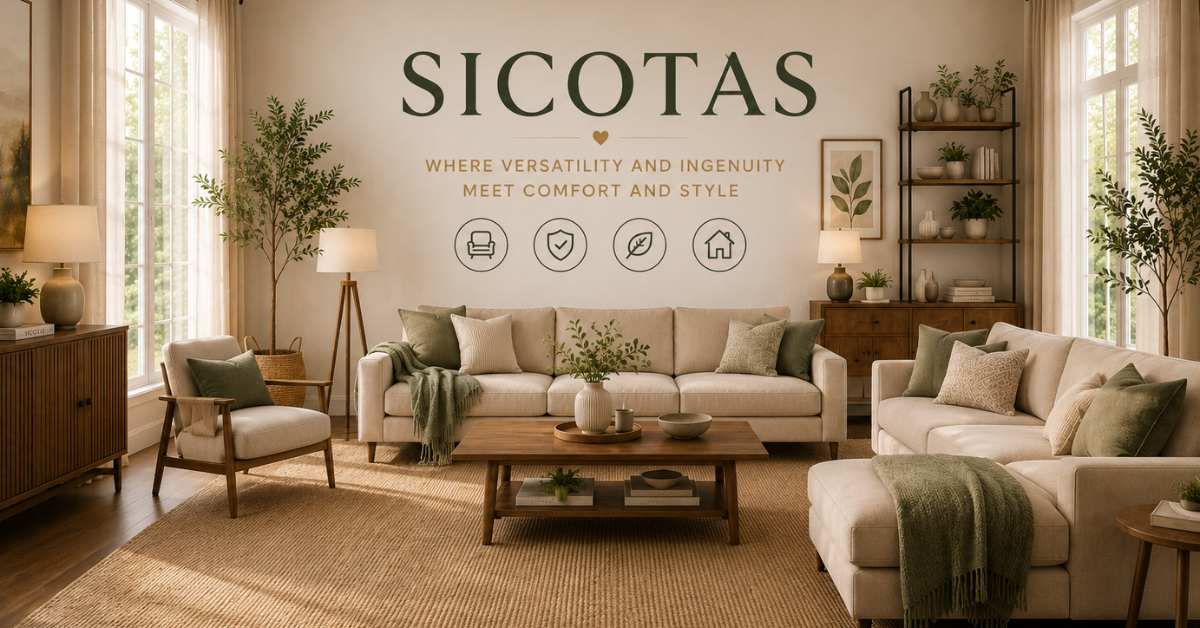 SICOTAS Furniture Collection – Where Versatility and Ingenuity Meet Comfort and Style Modern SICOTAS living room featuring versatile furniture, including sofas, shelving, accent chairs, and wood storage pieces in a spacious, elegantly decorated space with large windows and natural light.