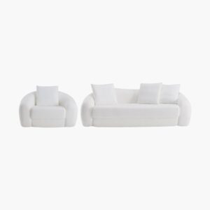 Plush Sicotas Nimbus white sofa armchair set containing a cozy three-seater couch and a matching plush accent chair.