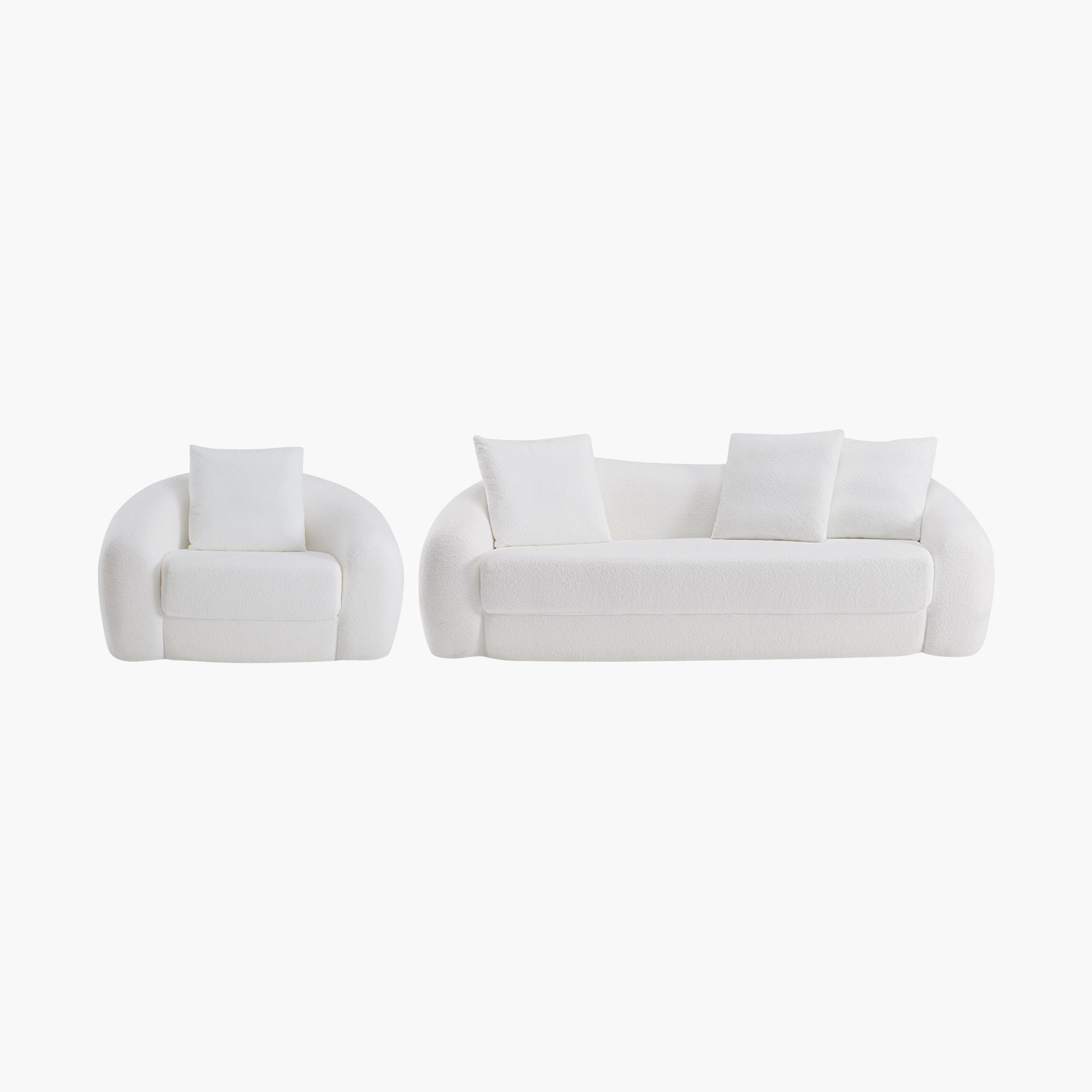 Sicotas Nimbus White 90-Inch Sofa & 50-Inch Armchair Set 1 Plush Sicotas Nimbus white sofa armchair set containing a cozy three-seater couch and a matching plush accent chair.