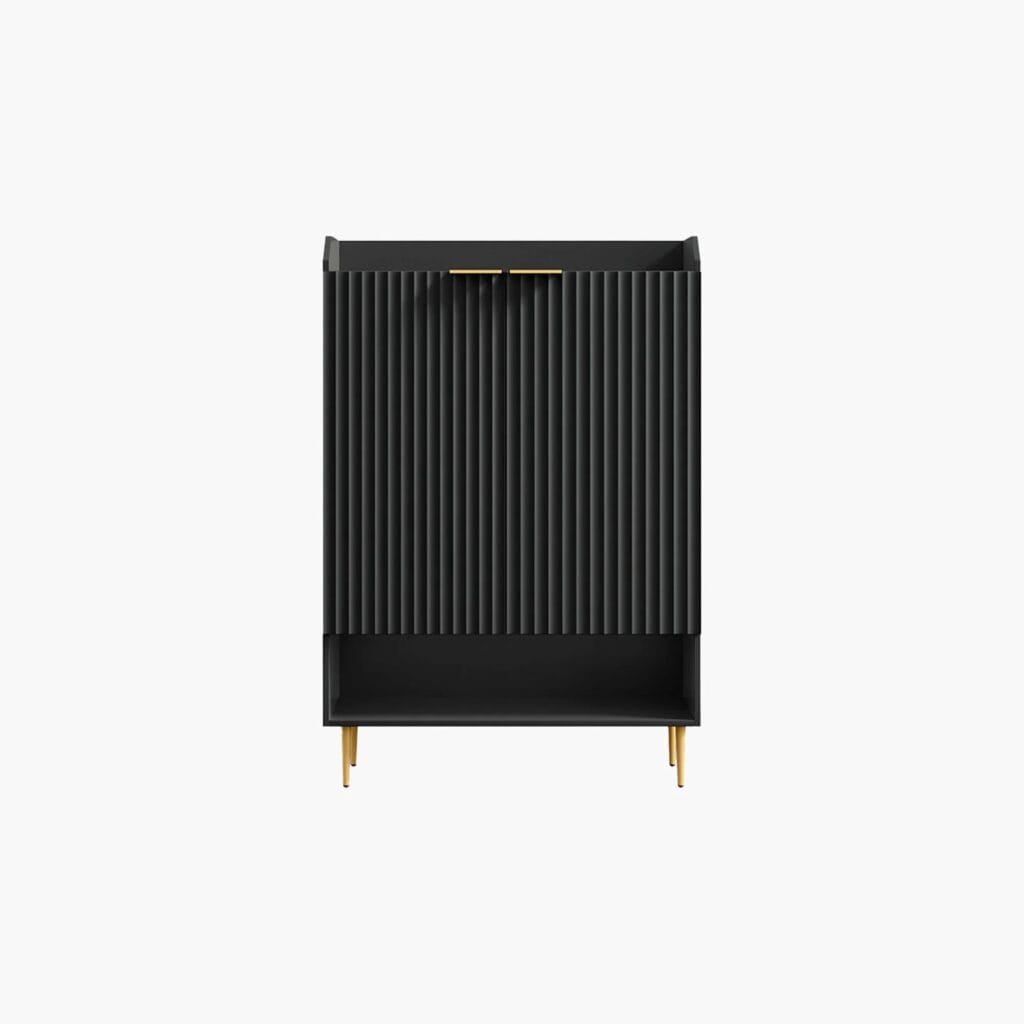 The Sicotas Collection 37 Minimalist Sicotas Opus black 2 door shoe cabinet with slim gold handles and a modern dark finish.