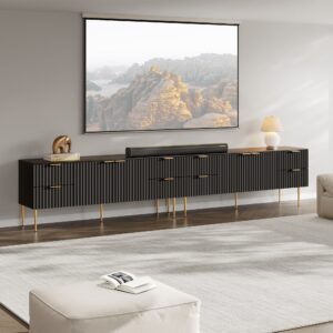 Sleek Sicotas Opus black tv stand with large storage options and an elegant contemporary profile.