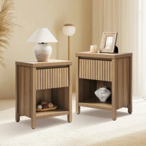 Sicotas Prelude caramel oak bedside table set displayed as a pair in a modern bedroom interior.