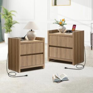 Pair of Sicotas Prelude caramel oak charging nightstand set styled in a contemporary bedroom setting.