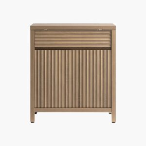 Large Sicotas Prelude reclaimed caramel oak 95 tv console with distinctive vertical slat doors.