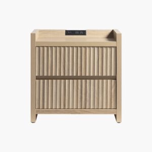 Sicotas Prelude sandstone beige 2 drawer end table with a fluted facade and black legs.