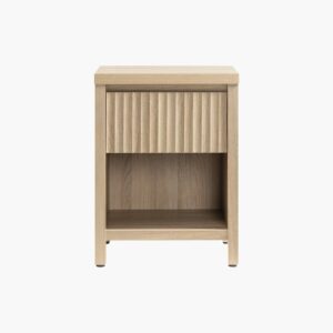 Minimalist Sicotas Prelude sandstone beige modern nightstand with texturized drawers and slim metal legs.