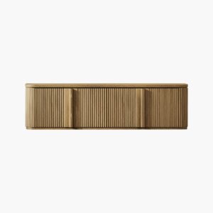 Low profile Sicotas Ripple medium brown ripple 65 inch tv stand with four doors for organized media storage.