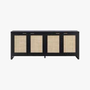 Long Sicotas Savanna black oak 4 door sideboard cabinet providing elegant and spacious dining room storage.