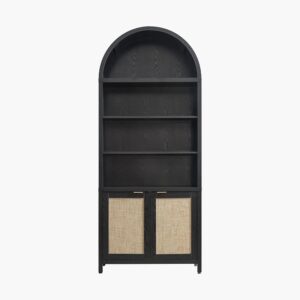 Modern Sicotas Savanna black oak arched bookcase cabinet with a unique ribbed vertical texture door face.