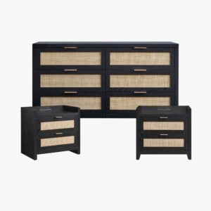 Multi-piece Sicotas Savanna black oak dresser set displaying a matching wide chest and compact nightstands.