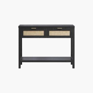 Minimalist Sicotas Savanna black oak entryway table with an open shelf design for a modern foyer.
