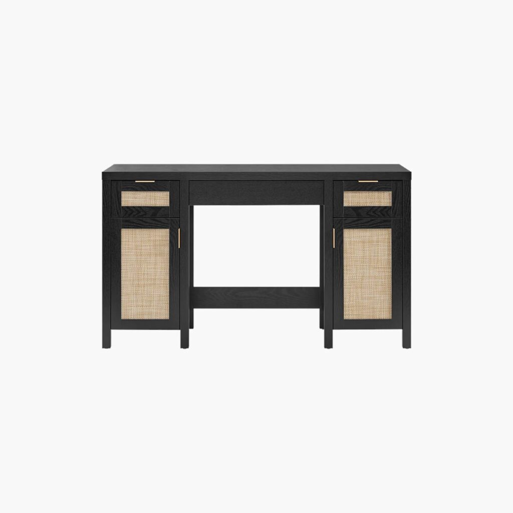 Honest Sicotas Furniture Review: Affordable Luxury or Flat-Pack Headache? 4 Minimalist Sicotas Savanna black oak makeup vanity table featuring open workspace and a slim frame.